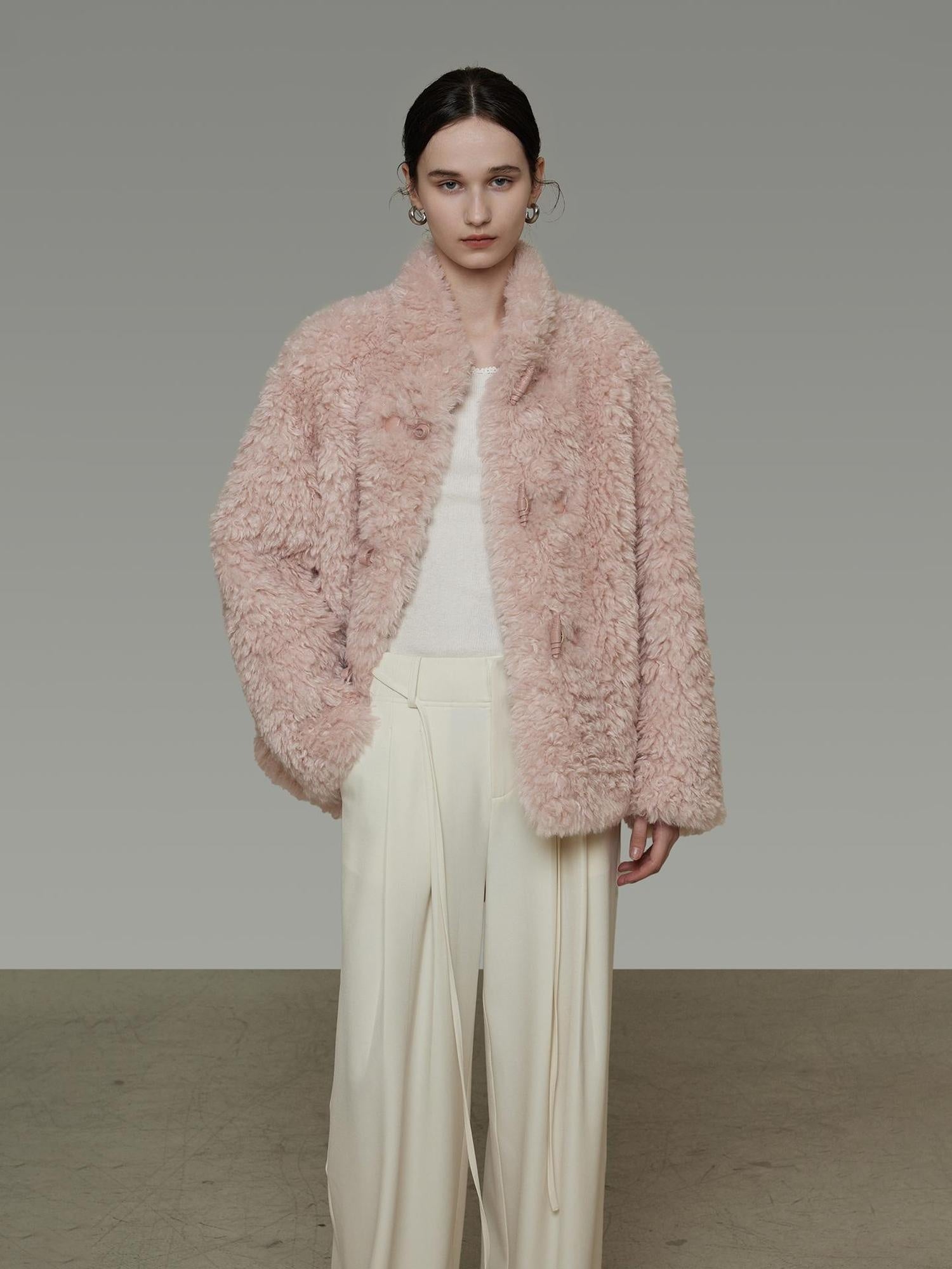 UNSPOKEN Cozy Warm Thick Loose Fit Stand Collar Fur Trim Round Hem Women Pink Jacket