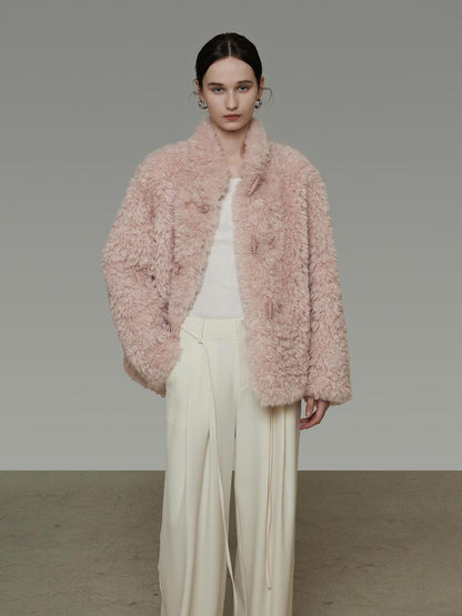 UNSPOKEN Cozy Warm Thick Loose Fit Stand Collar Fur Trim Round Hem Women Pink Jacket