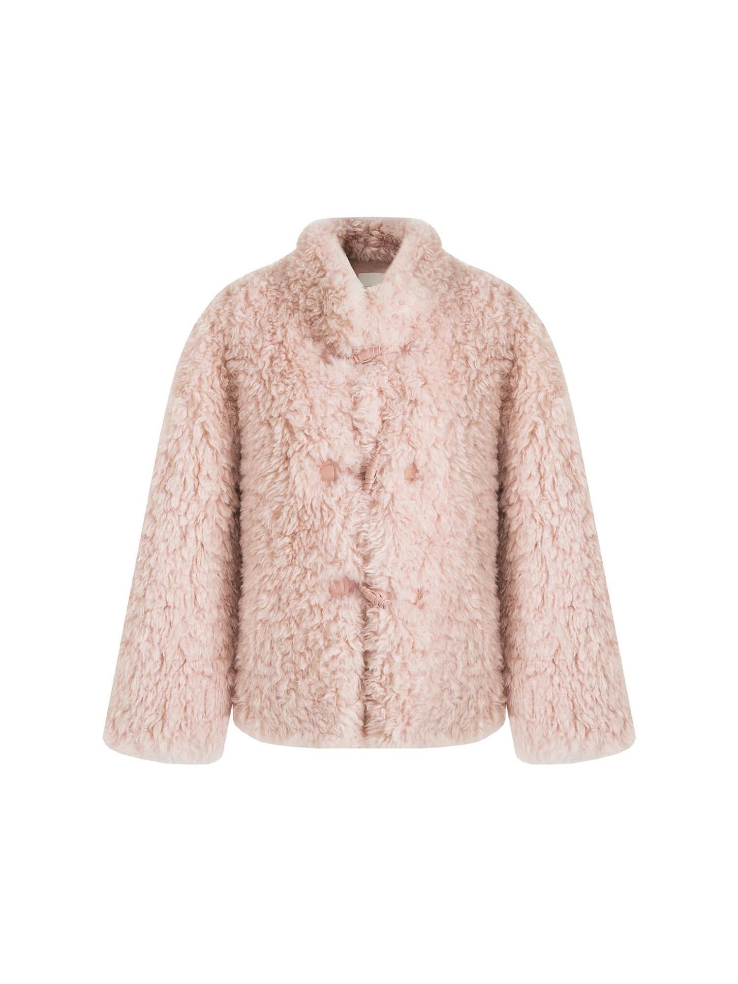UNSPOKEN Cozy Warm Thick Loose Fit Stand Collar Fur Trim Round Hem Women Pink Jacket