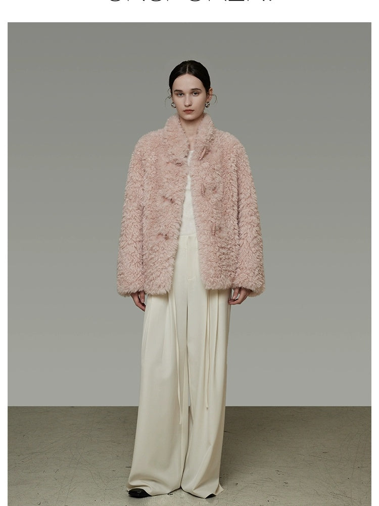 UNSPOKEN Cozy Warm Thick Loose Fit Stand Collar Fur Trim Round Hem Women Pink Jacket