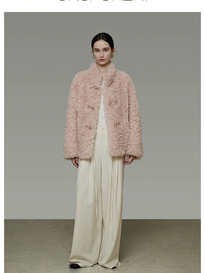 UNSPOKEN Cozy Warm Thick Loose Fit Stand Collar Fur Trim Round Hem Women Pink Jacket