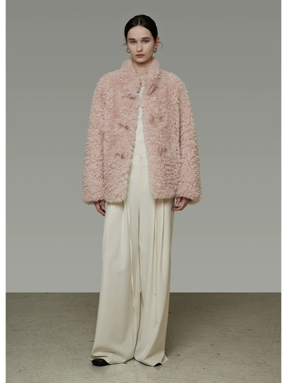 UNSPOKEN Cozy Warm Thick Loose Fit Stand Collar Fur Trim Round Hem Women Pink Jacket