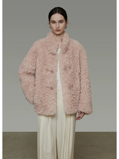 UNSPOKEN Cozy Warm Thick Loose Fit Stand Collar Fur Trim Round Hem Women Pink Jacket