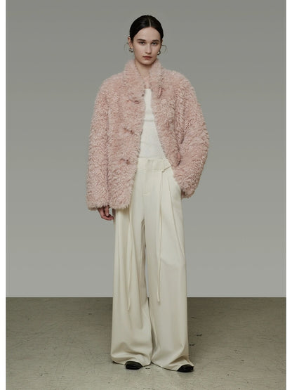 UNSPOKEN Cozy Warm Thick Loose Fit Stand Collar Fur Trim Round Hem Women Pink Jacket