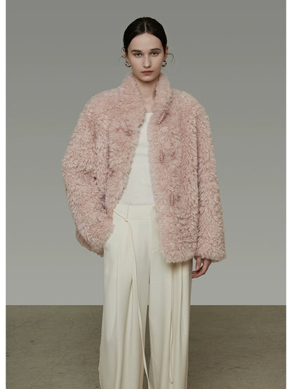 UNSPOKEN Cozy Warm Thick Loose Fit Stand Collar Fur Trim Round Hem Women Pink Jacket