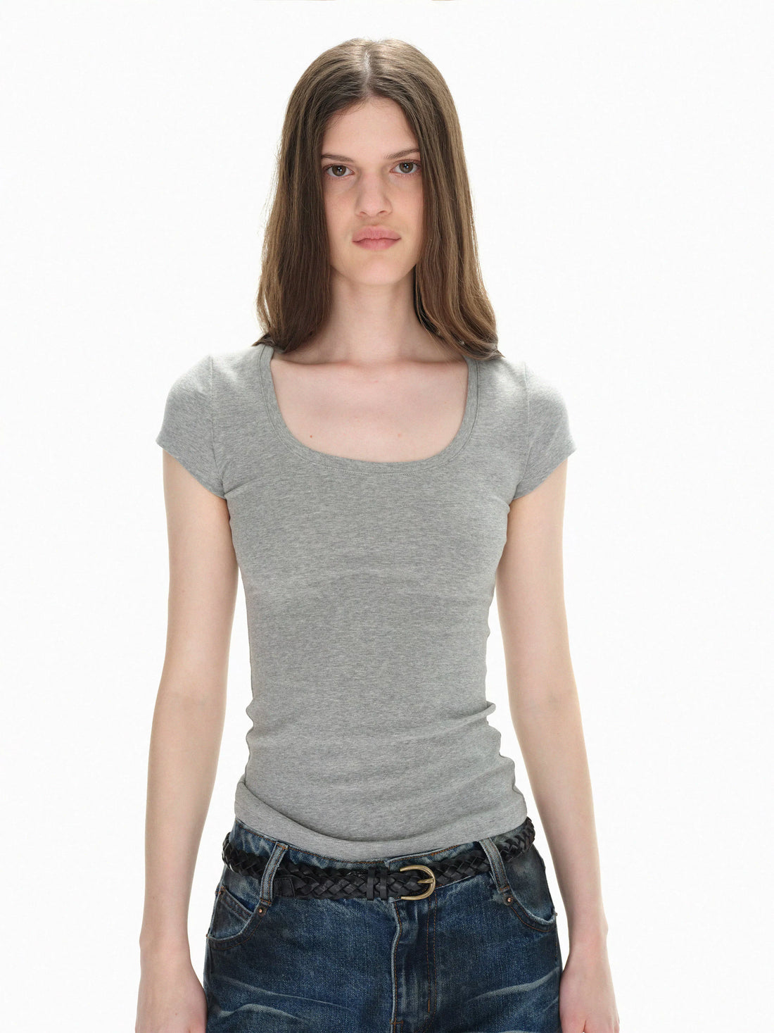 U Neck Elastic Slim Fit Tee