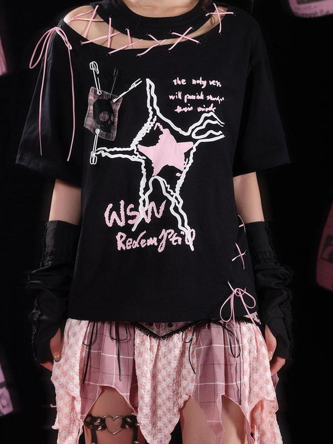 WSW WUSHENWU Unique Black Pink Asymmetrical Straps Asian Fit Tee
