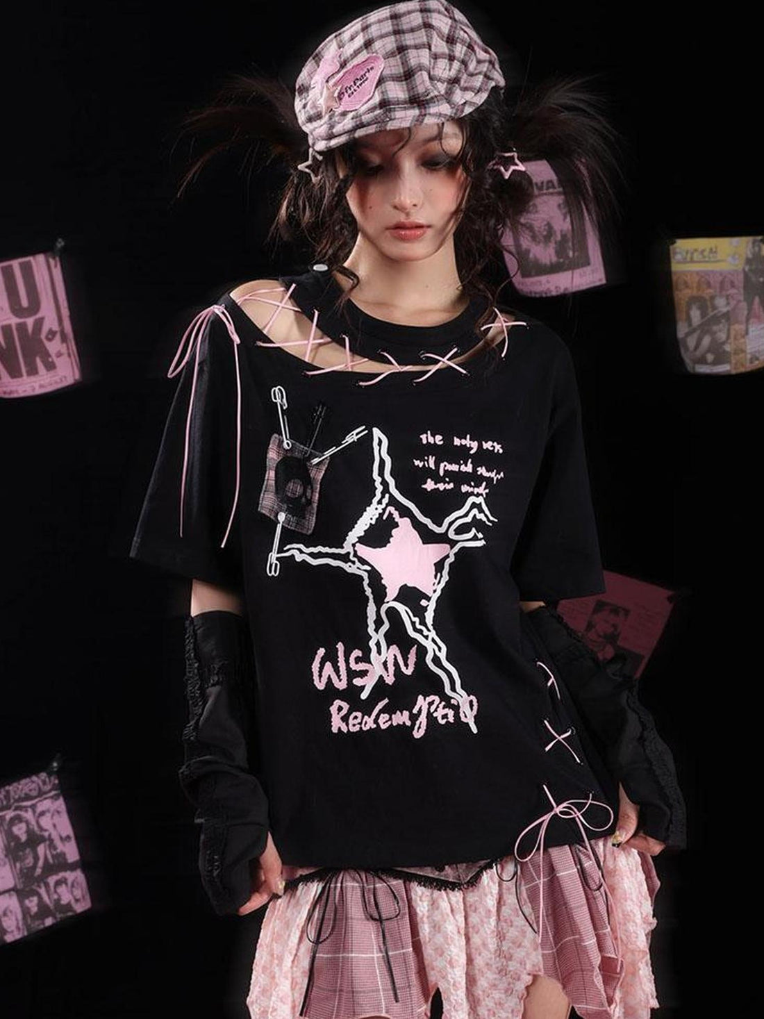 WSW WUSHENWU Unique Black Pink Asymmetrical Straps Asian Fit Tee