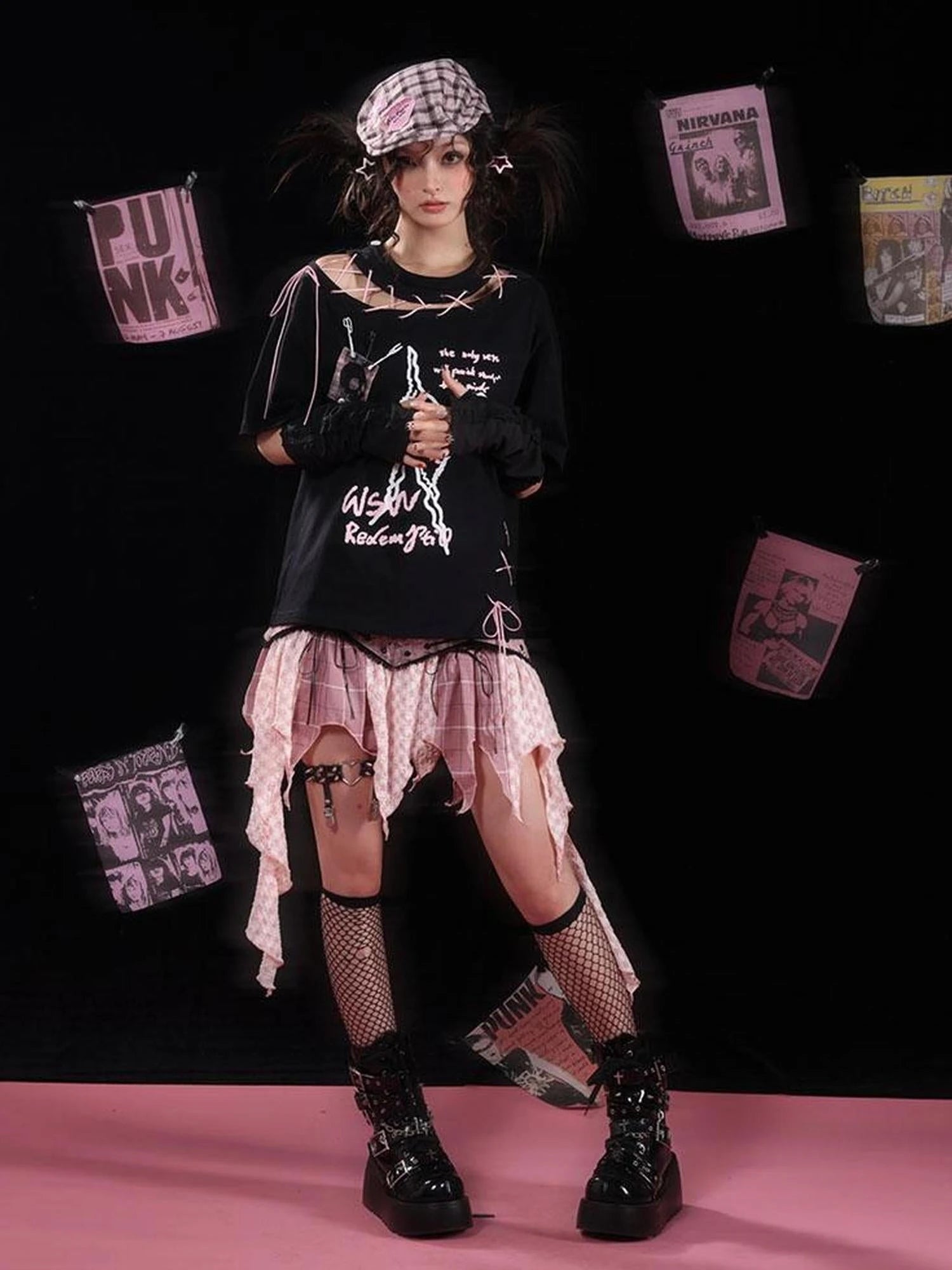 Unique Black Pink Asymmetrical Straps Asian Fit Tee