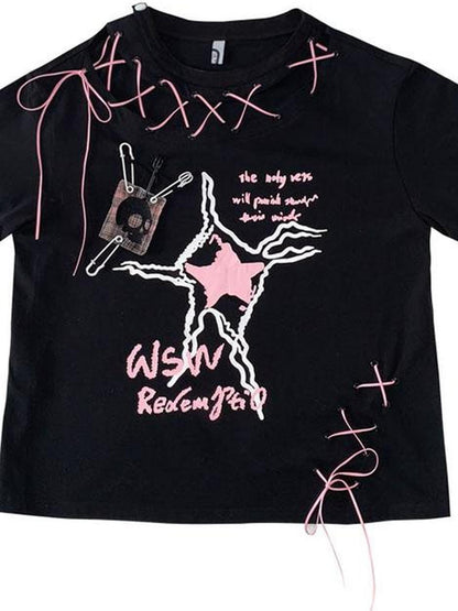 WSW WUSHENWU Unique Black Pink Asymmetrical Straps Asian Fit Tee
