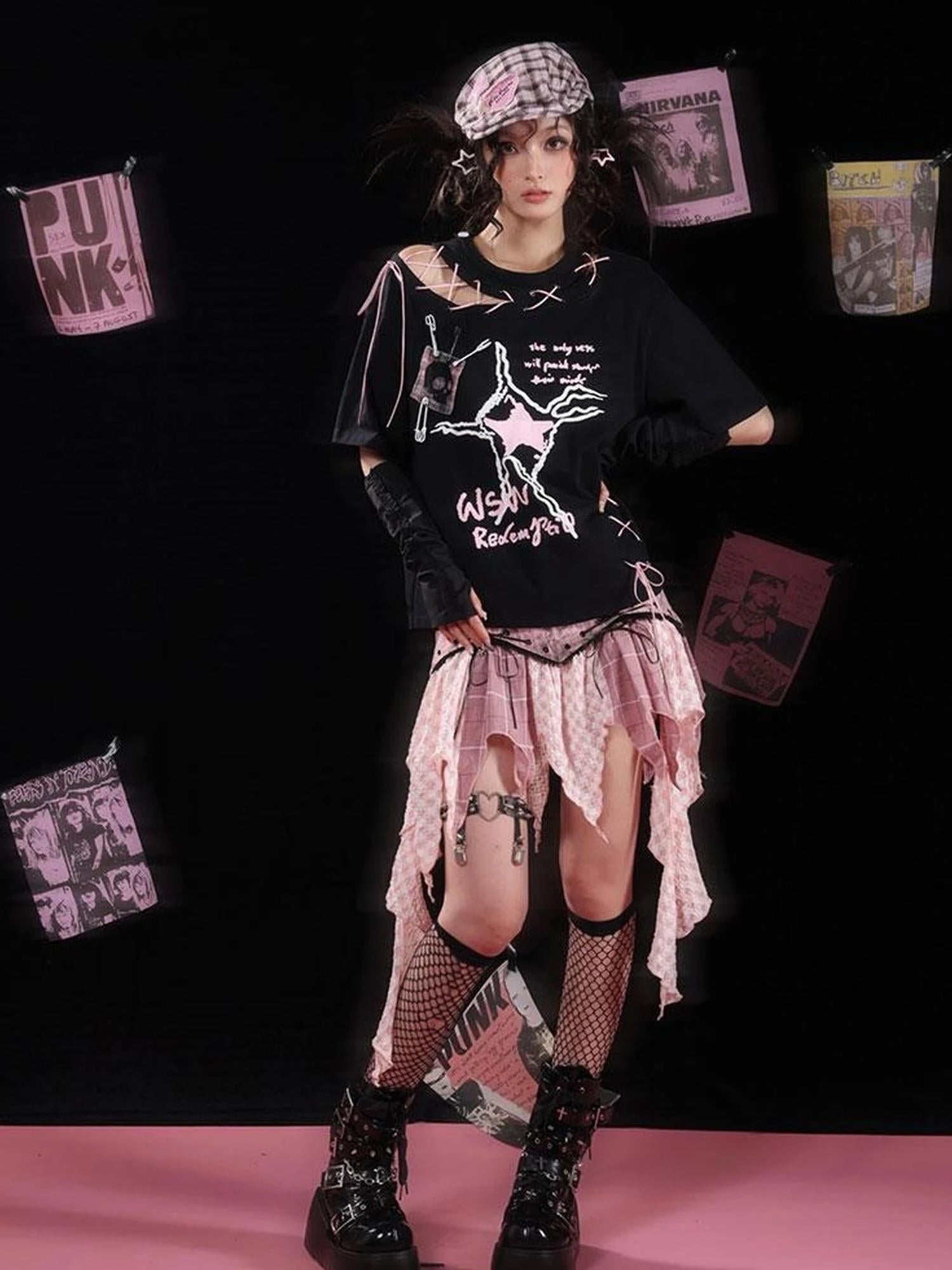 Unique Black Pink Asymmetrical Straps Asian Fit Tee