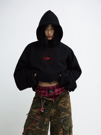 Peoplesense Unisex Black Embroidered Loose Hooded Sweatshirt Retro Style