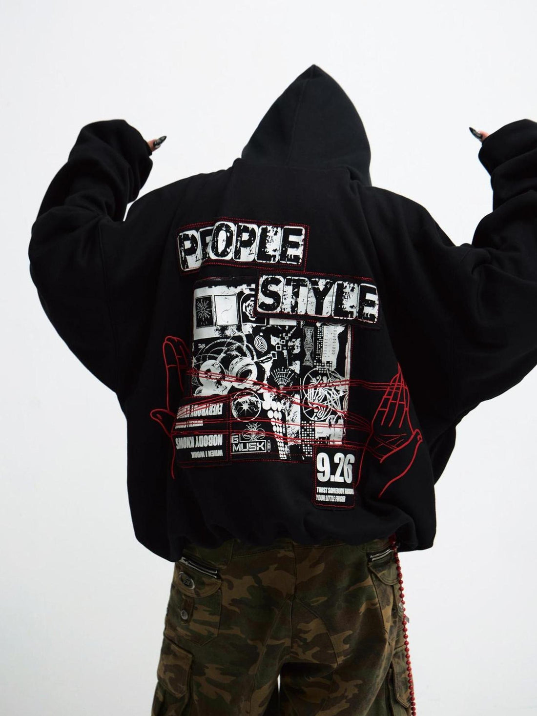Peoplesense Unisex Black Embroidered Loose Hooded Sweatshirt Retro Style