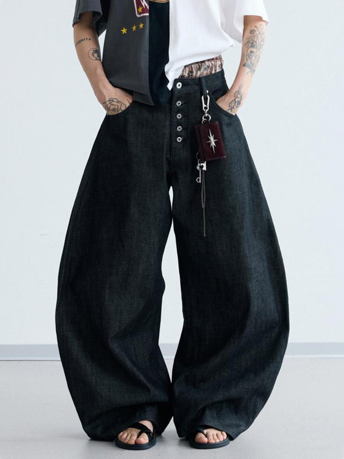 Peoplesense Unisex Black Wide Leg Scimitar Jeans Loose Fit Casual Pants