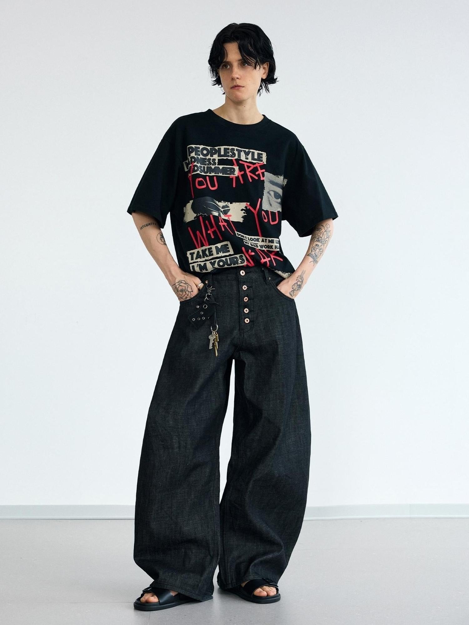 Peoplesense Unisex Black Wide Leg Scimitar Jeans Loose Fit Casual Pants