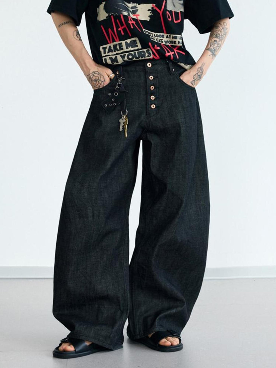 Peoplesense Unisex Black Wide Leg Scimitar Jeans Loose Fit Casual Pants