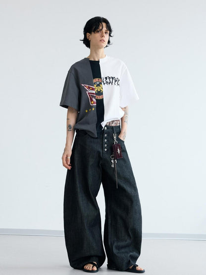 Peoplesense Unisex Black Wide Leg Scimitar Jeans Loose Fit Casual Pants