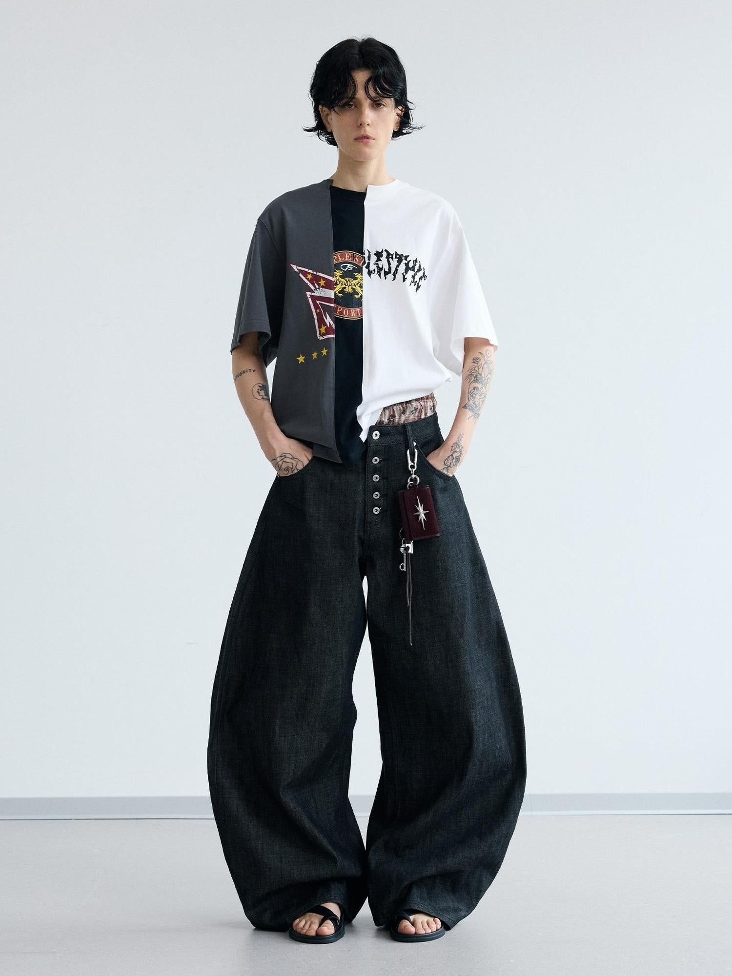 Peoplesense Unisex Black Wide Leg Scimitar Jeans Loose Fit Casual Pants
