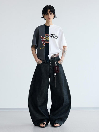 Peoplesense Unisex Black Wide Leg Scimitar Jeans Loose Fit Casual Pants