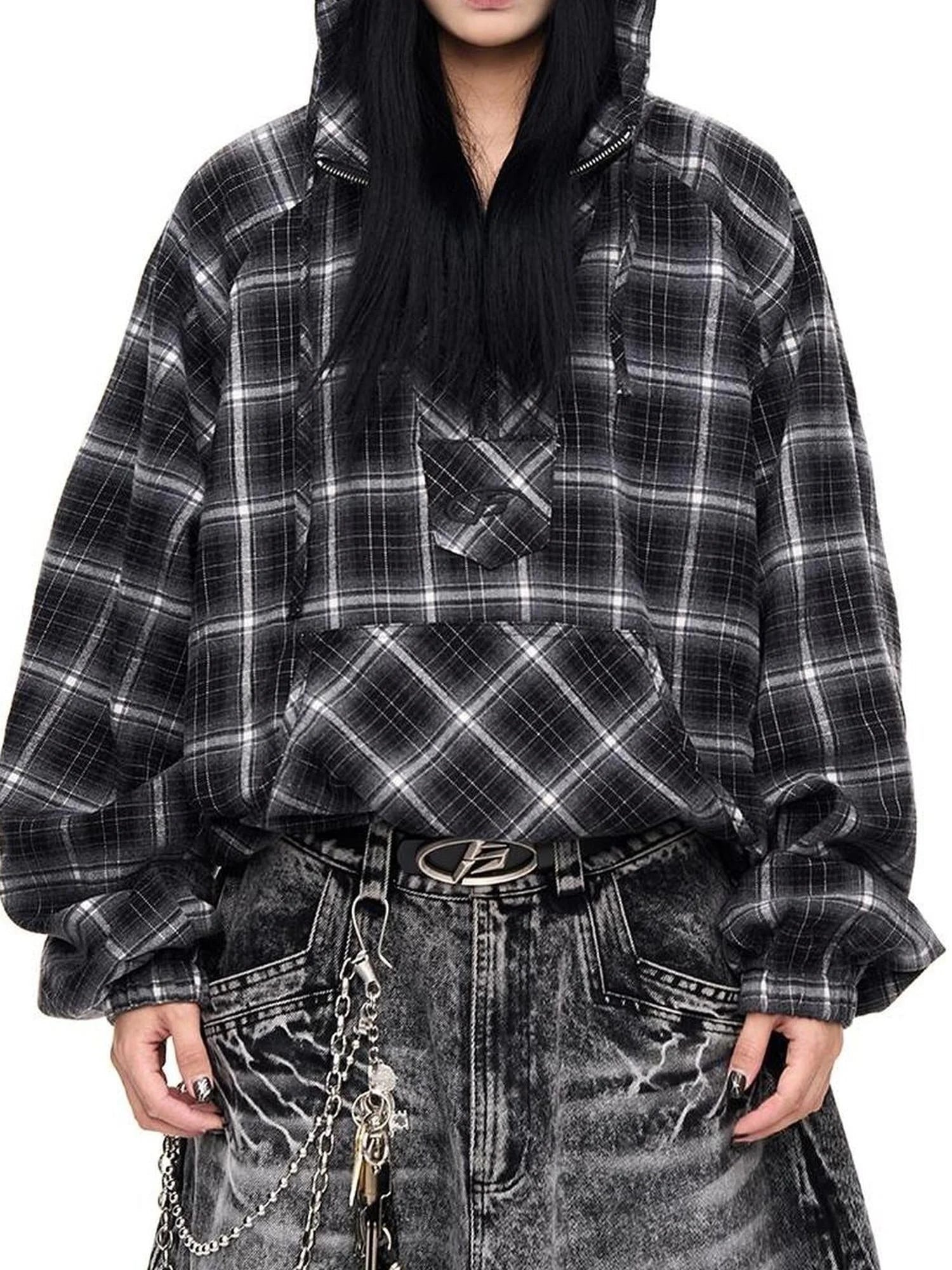 Unisex Checkered Contrast Drawstring Half Zip Hoodie