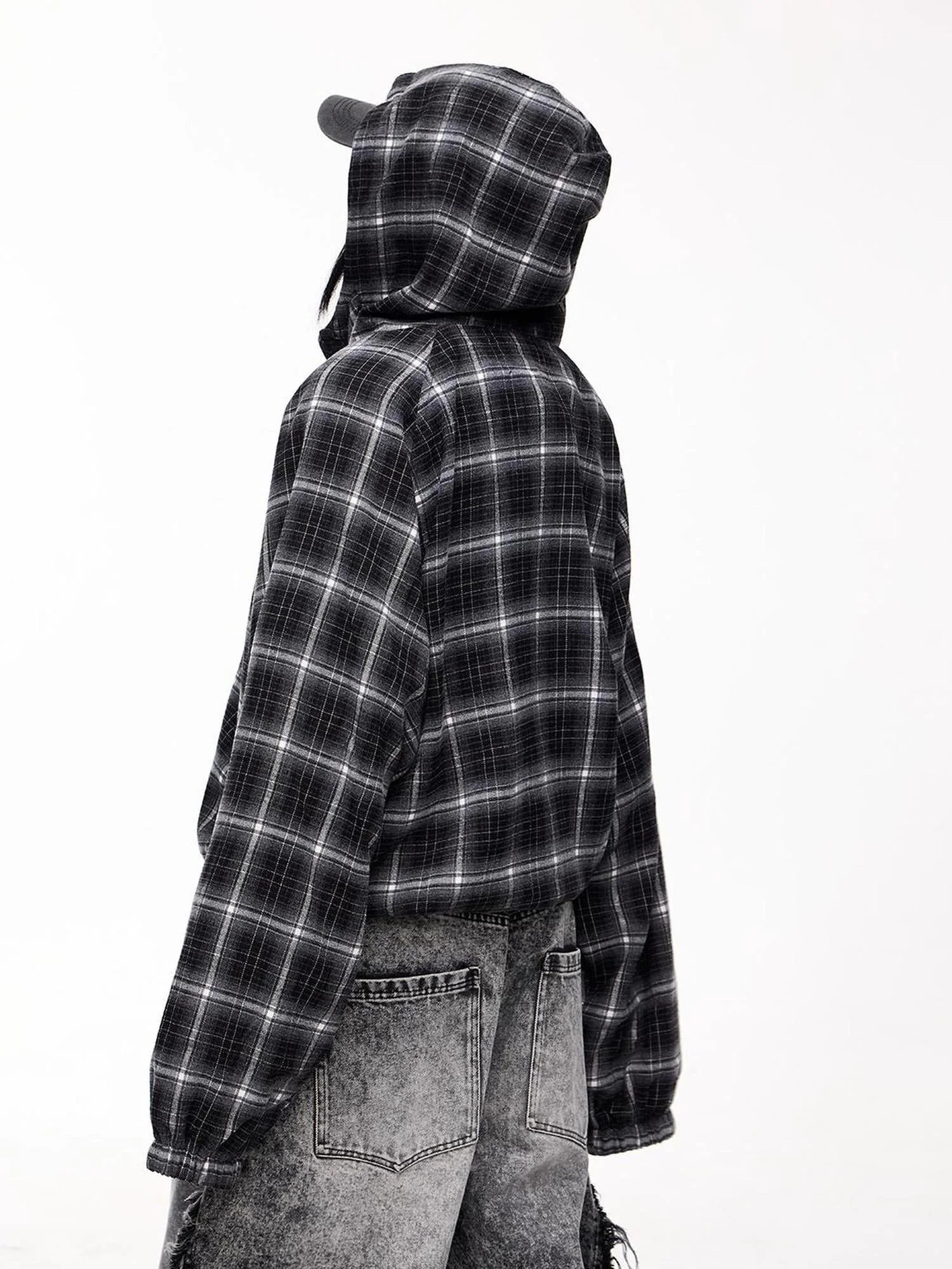 Unisex Checkered Contrast Drawstring Half Zip Hoodie