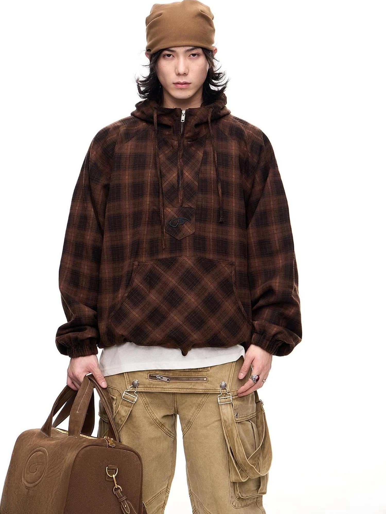 Unisex Checkered Contrast Drawstring Half Zip Hoodie