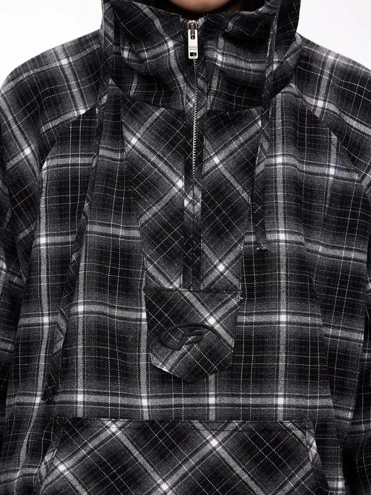 Unisex Checkered Contrast Drawstring Half Zip Hoodie