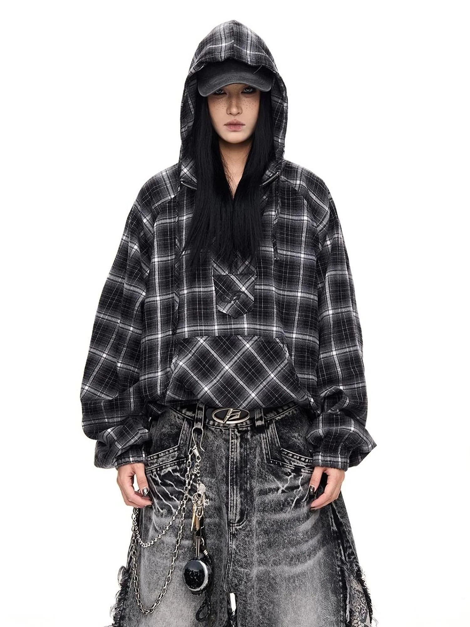 Unisex Checkered Contrast Drawstring Half Zip Hoodie