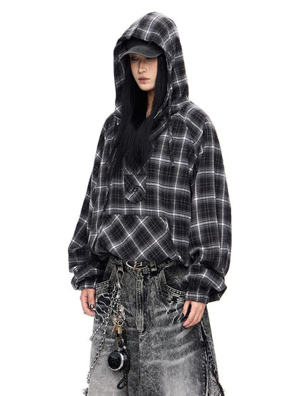 Peoplesense Unisex Checkered Contrast Drawstring Half Zip Hoodie