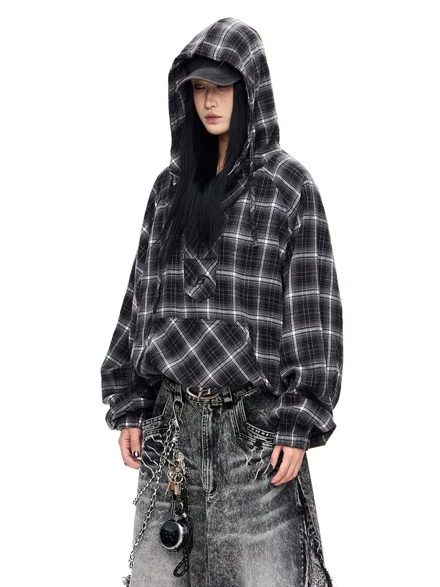 Unisex Checkered Contrast Drawstring Half Zip Hoodie