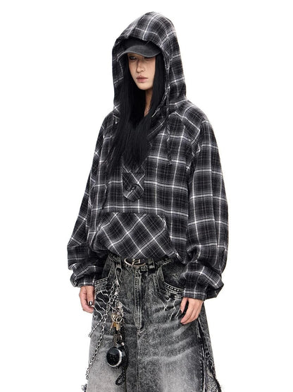 Unisex Checkered Contrast Drawstring Half Zip Hoodie