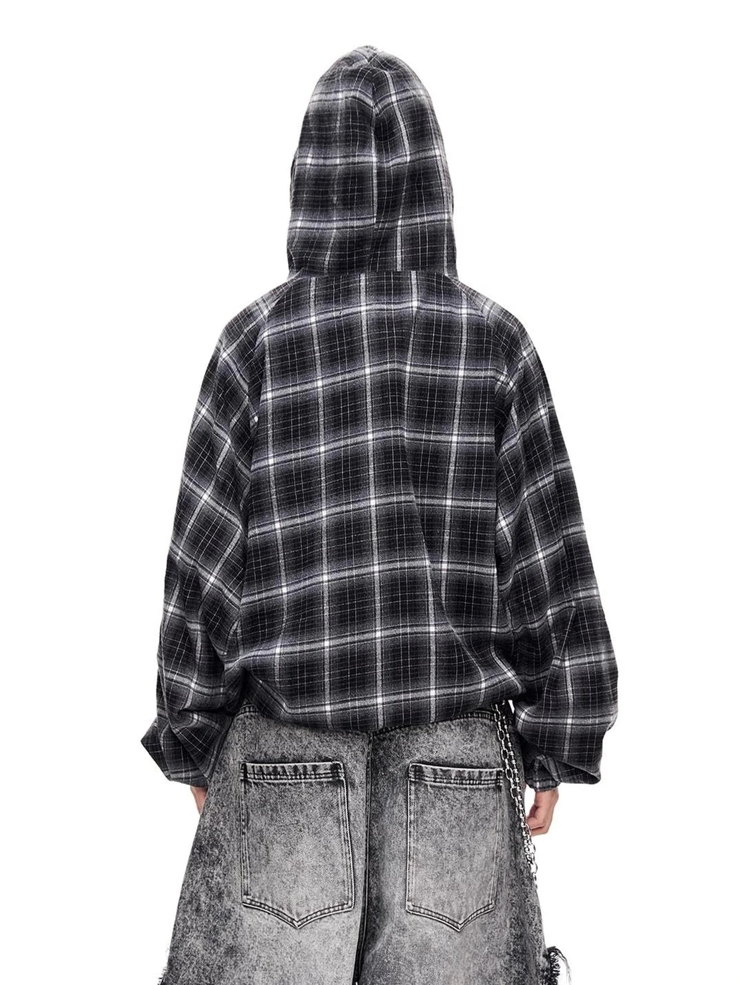 Unisex Checkered Contrast Drawstring Half Zip Hoodie