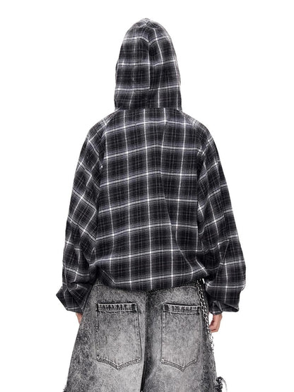 Unisex Checkered Contrast Drawstring Half Zip Hoodie