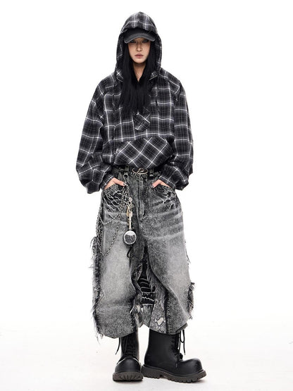 Peoplesense Unisex Checkered Contrast Drawstring Half Zip Hoodie