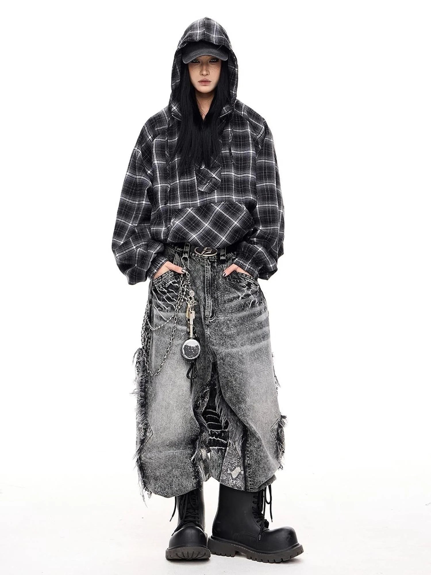 Unisex Checkered Contrast Drawstring Half Zip Hoodie