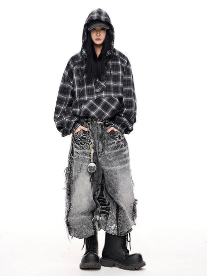 Unisex Checkered Contrast Drawstring Half Zip Hoodie