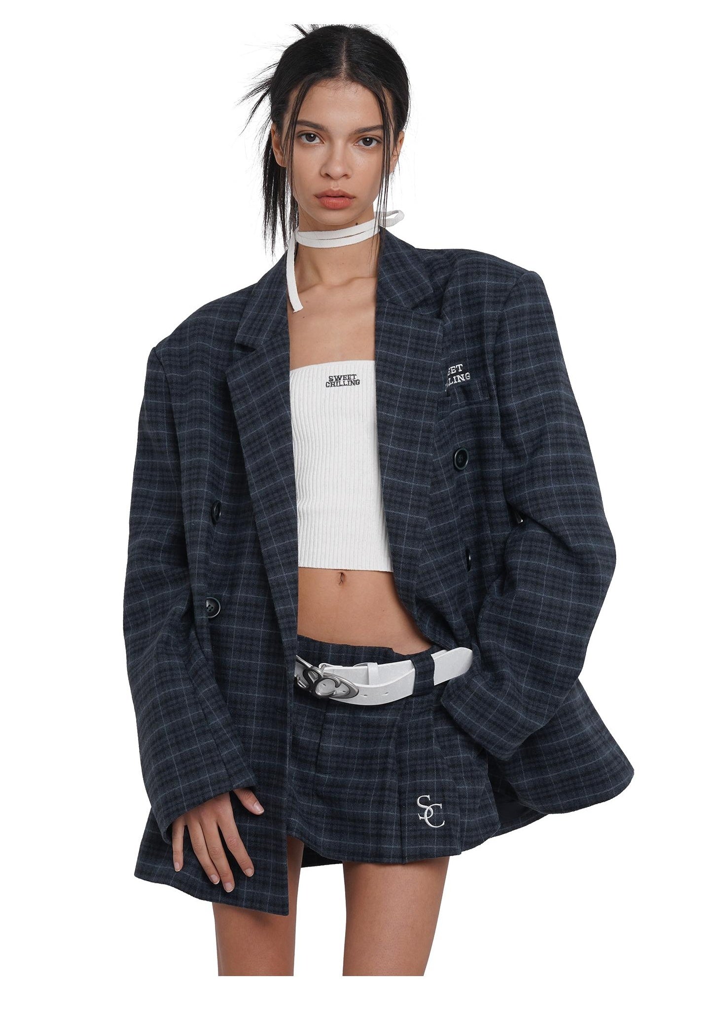 Unisex Loose Fit Plaid Wool Blazer