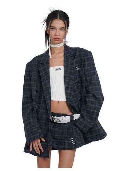 Unisex Loose Fit Plaid Wool Blazer