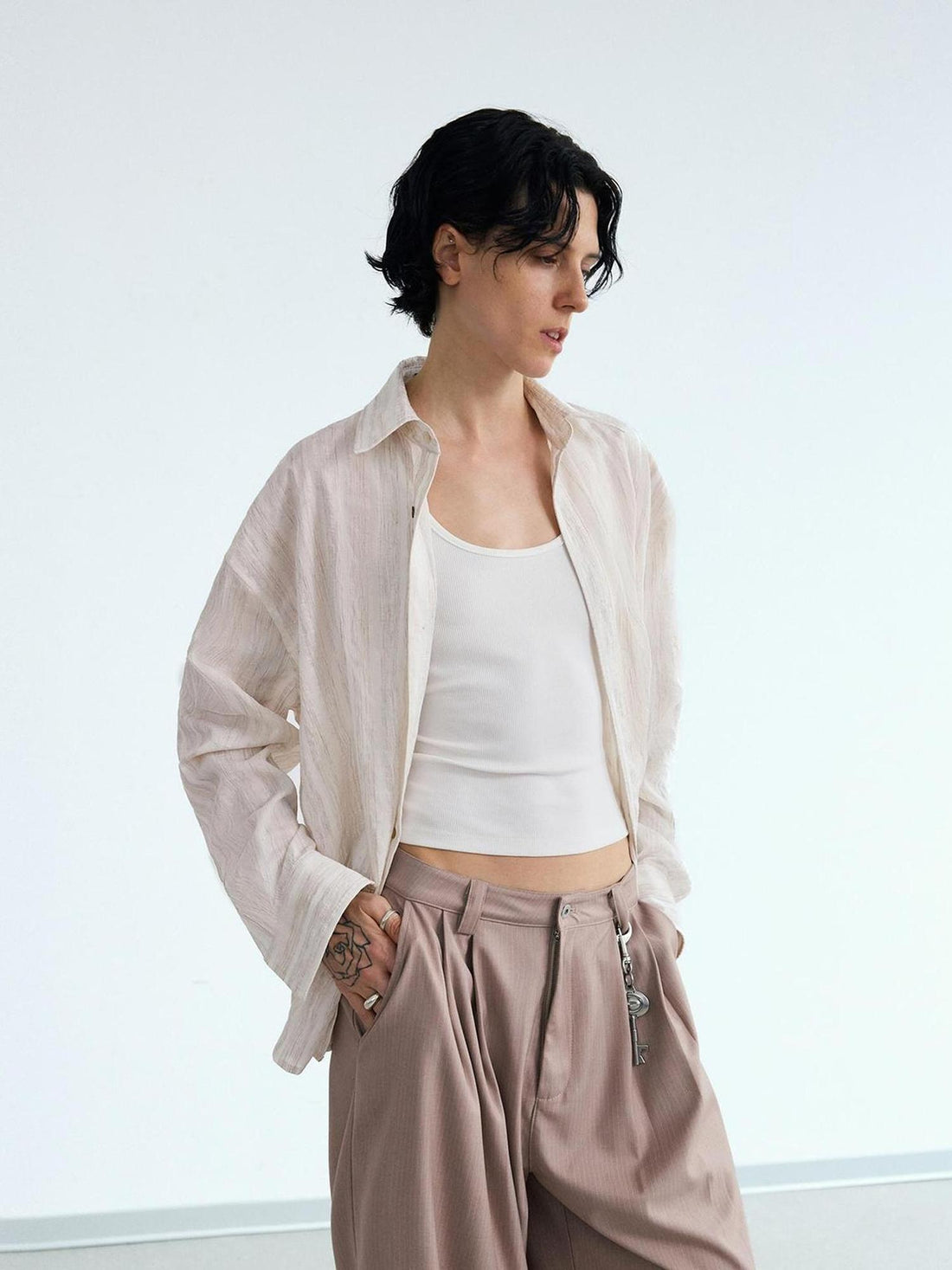 Peoplesense Unisex Loose Striped Cardigan Shirt Jacket In Off White
