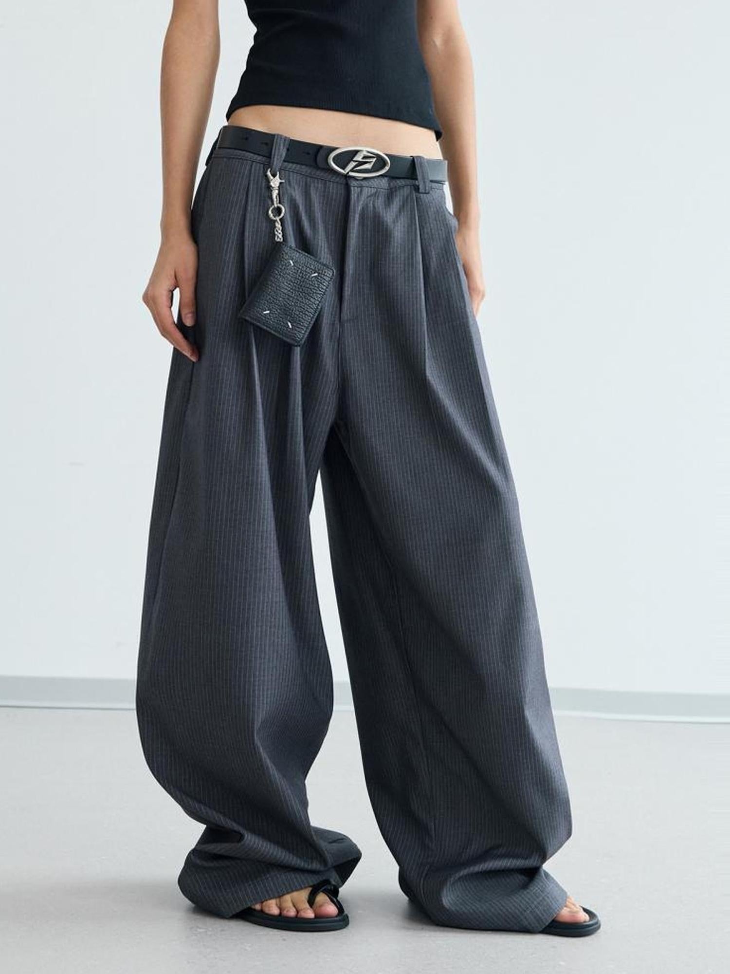 Peoplesense Unisex Striped Drape Straight Pants Loose Fit Polyester