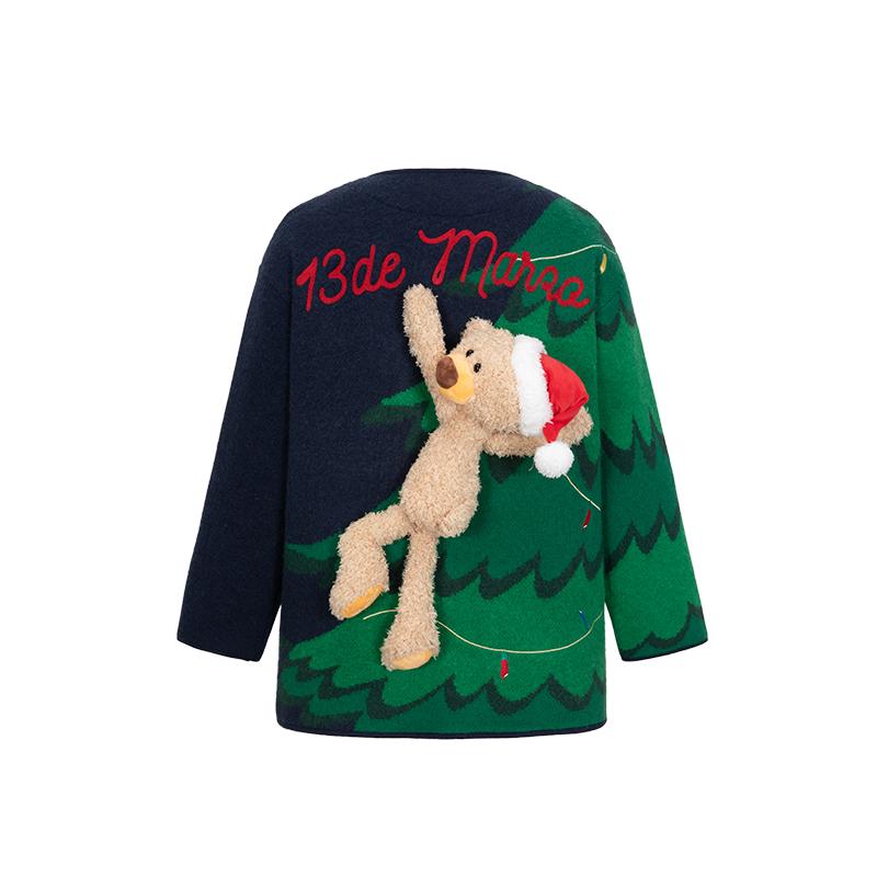 Unisex V-Neck Christmas Tree Bear Knit Cardigan