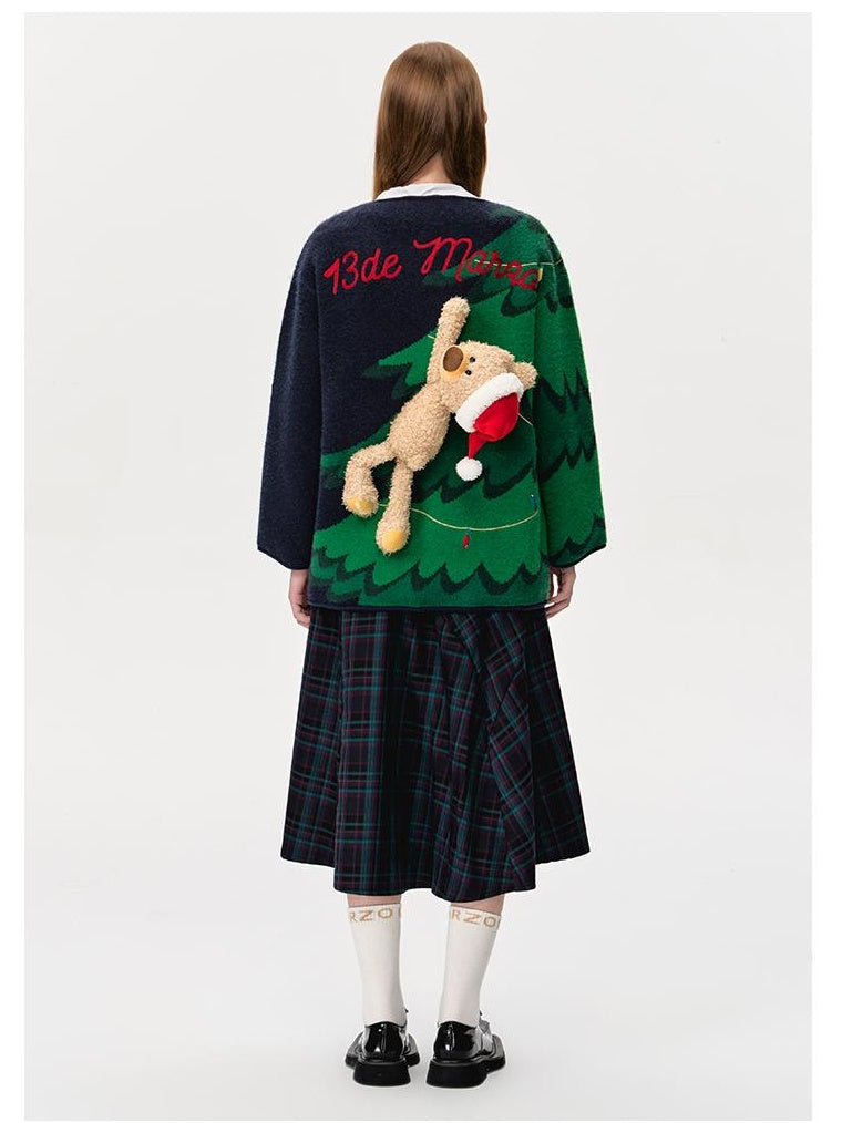 Unisex V-Neck Christmas Tree Bear Knit Cardigan