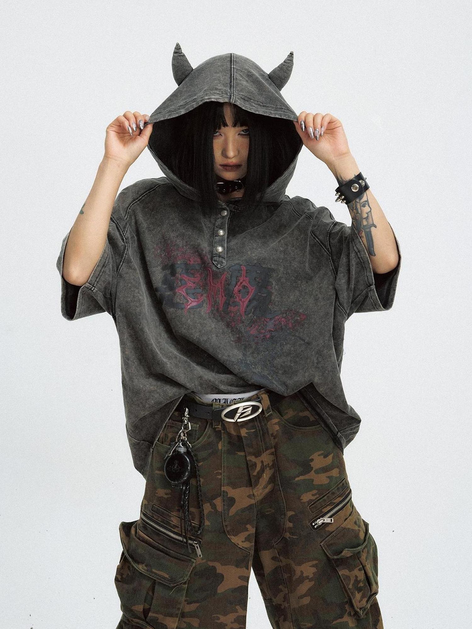 Peoplesense Unisex Vintage Black Demon Hooded Tee Loose Fit Cotton