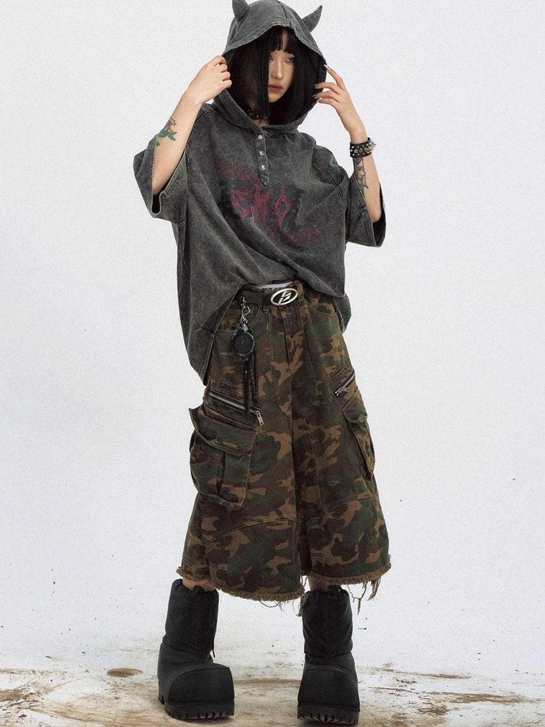 Unisex Vintage Black Demon Hooded Tee Loose Fit Cotton