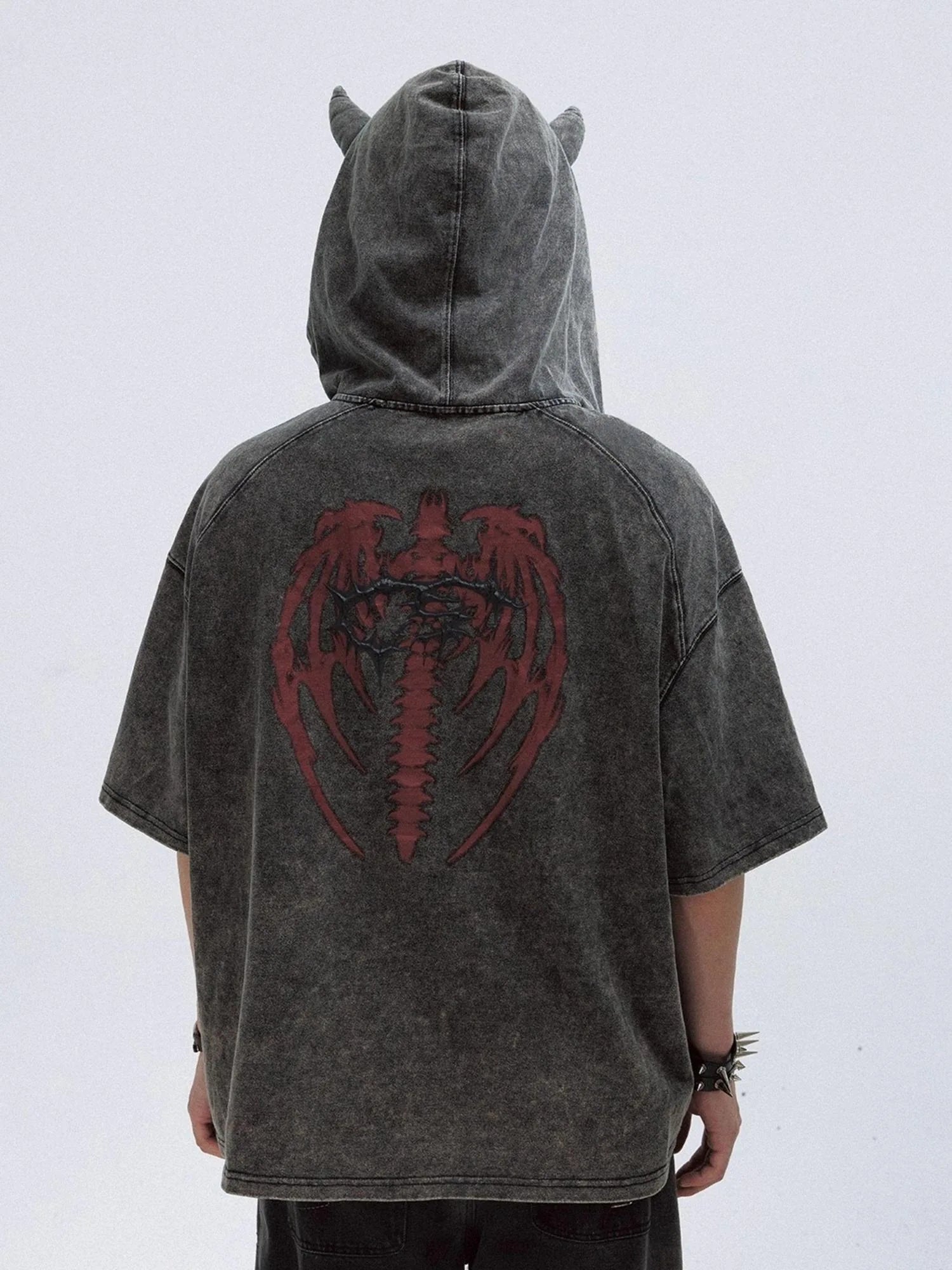 Unisex Vintage Black Demon Hooded Tee Loose Fit Cotton