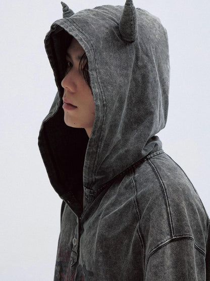 Peoplesense Unisex Vintage Black Demon Hooded Tee Loose Fit Cotton