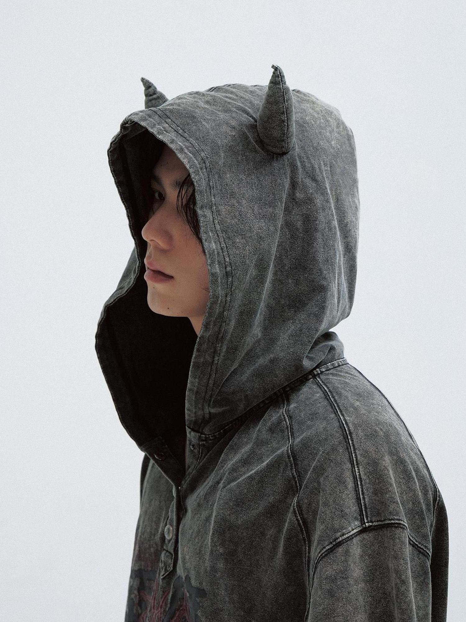 Peoplesense Unisex Vintage Black Demon Hooded Tee Loose Fit Cotton