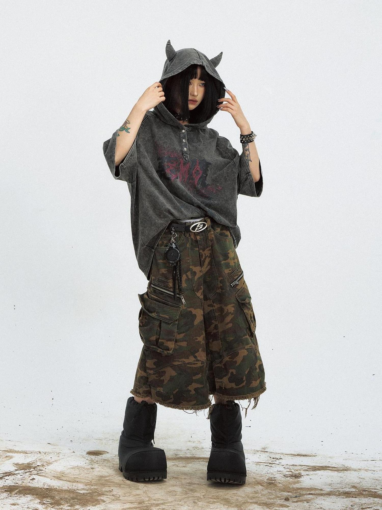 Peoplesense Unisex Vintage Black Demon Hooded Tee Loose Fit Cotton