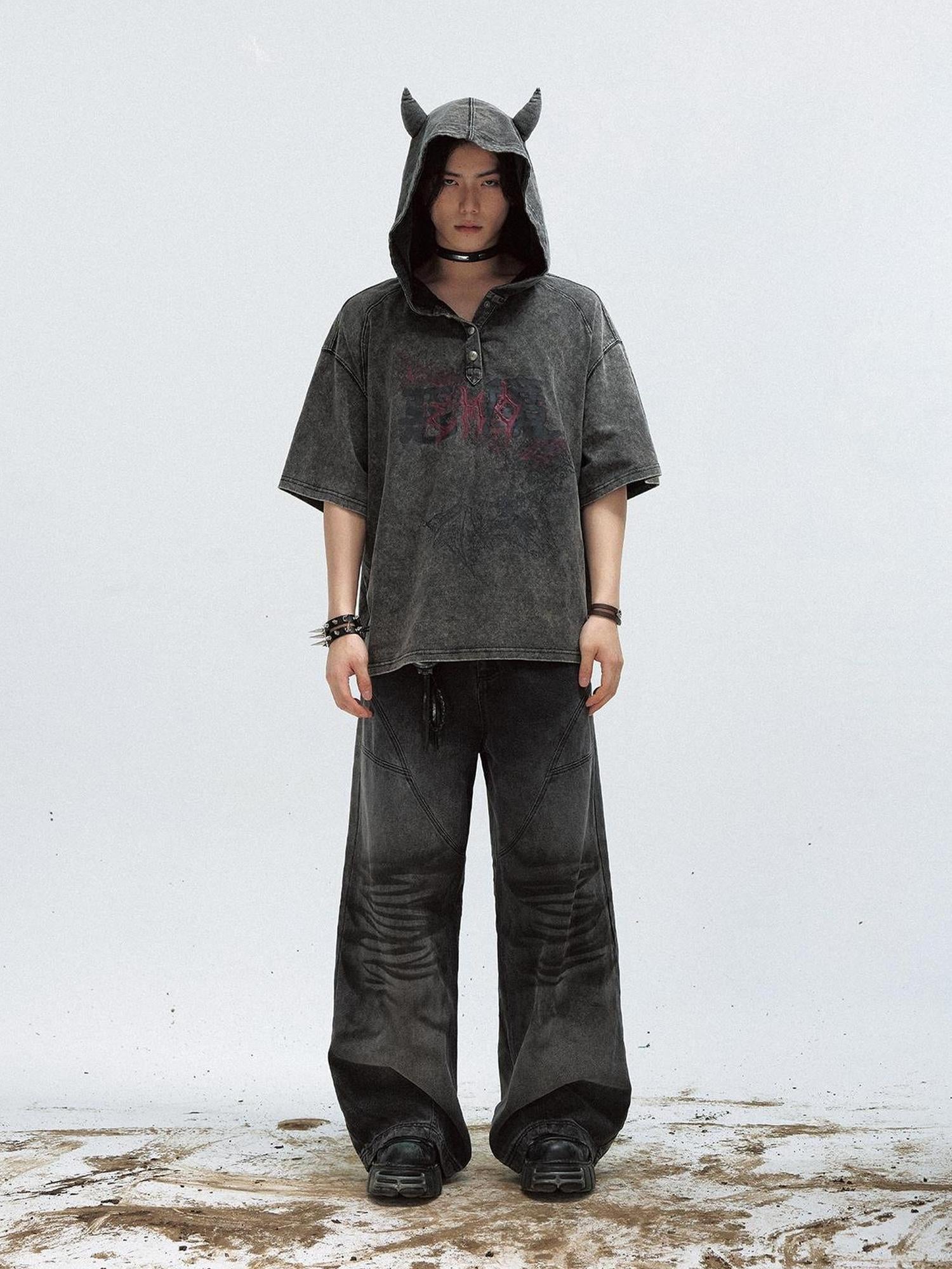 Peoplesense Unisex Vintage Black Demon Hooded Tee Loose Fit Cotton
