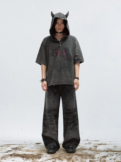 Peoplesense Unisex Vintage Black Demon Hooded Tee Loose Fit Cotton